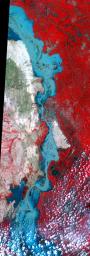On Sept. 3, 2010, NASA's Terra spacecraft captured this image strip over the Indus River, Pakistan, where severe flooding caused a major humanitarian crisis.