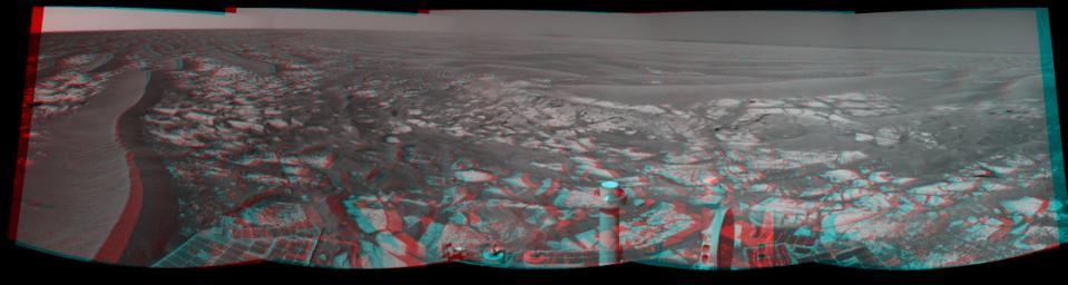 This stereo panorama taken by NASA's Mars Exploration Rover Opportunity includes an outcrop informally called 'Cambridge Bay.' 3D glasses are necessary to view this image.