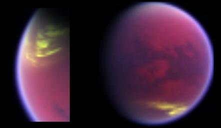 This pair of false-color images, made from data obtained by NASA's Cassini spacecraft, shows clouds covering parts of Saturn's moon Titan in yellow, while Titan's hazy atmosphere appears magenta.