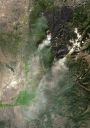 NASA's Terra spacecraft captured this image of the Twitchell Canyon fire, a lightning-caused blaze burning in Utah, which has consumed more than 40,000 acres since it began on July 20, 2010.