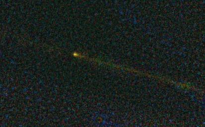This visitor from deep space, seen here by NASA's Wide-field Infrared Survey Explorer, is comet Hartley 2, the destination for NASA's EPOXI mission. The comet's tail is seen here as a fuzzy streak to the right of the comet.