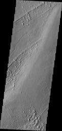 This image from NASA's Mars Odyssey shows Pavonis Mons, one of the three huge Tharsis volcanoes, encircled on the west side by a series of arcuate ridges. How these features were formed is still unknown.