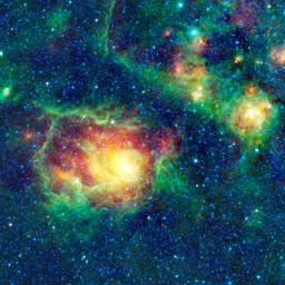 This colorful picture is a mosaic of Messier 8, or the Lagoon nebula, taken by NASA's Wide-field Infrared Survey Explorer. This nebula is composed of clouds of gas and dust in which new stars are forming.