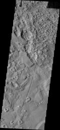 This image from NASA's Mars Odyssey shows a region on the north end of Gordii Dorsum. Wind is the main source of erosion in this region, so the unusual texture may indicate that the surface material in this region is different from nearby regions.