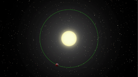 This frame from an animation based on NASA's Spitzer Space Telescope data illustrates an unexpected warm spot on the surface of a gaseous exoplanet.The bright orange patches are the hottest part of the planet.