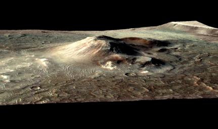 This false color image from NASA's Mars Reconnaissance Orbiter indicates that the volcanic cone in the Nili Patera caldera on Mars has hydrothermal mineral deposits on the southern flanks and nearby terrains.