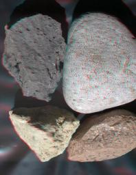 This stereo view of terrestrial rocks combines two images taken by a testing twin of the Mars Hand Lens Imager (MAHLI) camera on NASA's Mars Science Laboratory. 3D glasses are necessary to view this image.