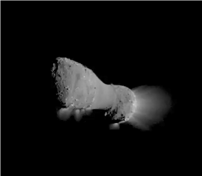 Image taken by NASA's EPOXI mission spacecraft during its flyby of comet Hartley 2 on Nov. 4, 2010. The spacecraft came within about 700 kilometers (435 miles) of the comet's nucleus at the time of closest approach.