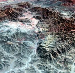 The ASTER instrument onboard NASA's Terra's spacecraft imaged the Khyber Pass, a mountain pass that links Afghanistan and Pakistan. Throughout its history it has been an important trade route between Central Asia and South Asia.