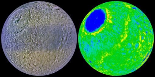 These two views of Tethys show the high-resolution color (left) and the topography (right) of the leading, or forward-facing, hemisphere of this ice-rich satellite. Data for these images is from NASA's Cassini spacecraft.