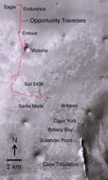 The red line on this map shows where NASA's Mars Rover Opportunity has driven from the place where it landed in January 2004, inside Eagle Crater, at the upper left end of the track, to where it reached on Nov. 30, 2010.