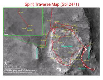 This map shows the path that NASA's Mars Exploration Rover Spirit followed from the 743rd Martian day (Feb. 4, 2009), or sol, to Sol 2471 (Dec. 15, 2010). Spirit has been at a sand-trap location called 'Troy' since April 2009.