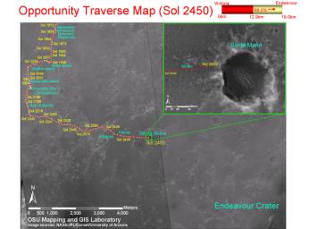 This map shows the path that NASA's Mars Exploration Rover Opportunity followed from the 1,813th Martian day, or sol, to Sol 2450 (Dec. 15, 2010) when Opportunity approached a crater informally named 'Santa Maria.'