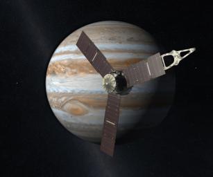 This artist concept depicts the Juno spacecraft which will launch from Earth in 2011 and will arrive at Jupiter in 2016 to study the giant planet from an elliptical, polar orbit.