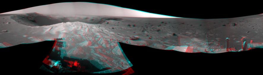 A football-field-size crater, informally named 'Santa Maria,' dominates the scene in this 360-degree stereo view from NASA's Mars Exploration Rover Opportunity.