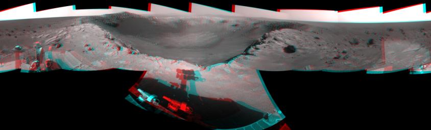 This 360-degree, stereo mosaic of images from NASA's Mars Exploration Rover Opportunity shows the view from the western rim of 'Santa Maria' crater on Dec. 19, 2010. 3D glasses are necessary to view this image.