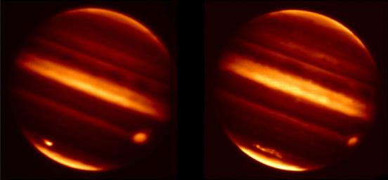 These infrared images obtained from NASA's Infrared Telescope Facility in Mauna Kea, Hawaii, show before and aftereffects from particle debris in Jupiter's atmosphere after an object hurtled into the atmosphere on July 19, 2009.