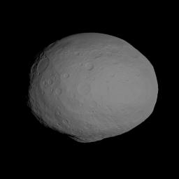 This image incorporates the best data on dimples and bulges of the protoplanet Vesta from ground-based telescopes and NASA's Hubble Space Telescope. This model of Vesta uses scientists' best guess to date of what the surface might look like.