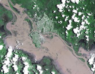 On Jan. 7, 2011, NASA's Terra spacecraft captured this image of the inundated city of Rockhampton, Queensland, Australia. Torrential rains in NE Australia caused the Fitzroy River to overflow its banks and flood much of the city.