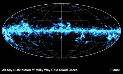 This map illustrates the numerous star-forming clouds, called cold cores, that European Space Agency's Planck observed throughout our Milky Way galaxy. Planck detected around 10,000 of these cores, thousands of which had never been seen before.