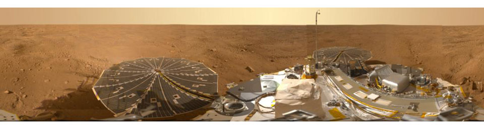 This view combines hundreds of images taken during the first several weeks after NASA's Phoenix Mars Lander arrived on an arctic plain on Mars. The landing was on May 25, 2008.