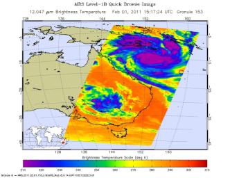 Shown here is the latest infrared image of Yasi from NASA's Aqua satellite, taken on Feb. 1, 2011. A distinct eye is visible, and the outer bands of the storm can be seen nearing the Australian coast.