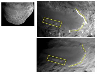 This image layout depicts changes in the surface of comet Tempel 1, observed first by NASA's Deep Impact Mission in 2005 (top right) and again by NASA's Stardust-NExT mission on Feb. 14, 2011 (bottom right).