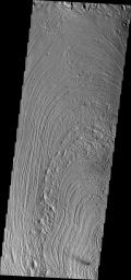 This unusual surface texture is found on the northwest part of Olympus Mons as seen by NASA's Mars Odyssey. The origin of this texture is unknown, but speculations include glacial or volatile rich materials as part of the cause of such textures.