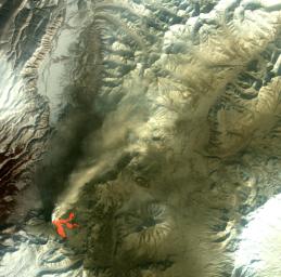 On Feb. 25, 2011, NASA's Terra spacecraft captured this image of a large ash-laden eruption plume drifting towards the northeast from Kizimen volcano, an isolated stratovolcano, in Kamchatka, Russia.
