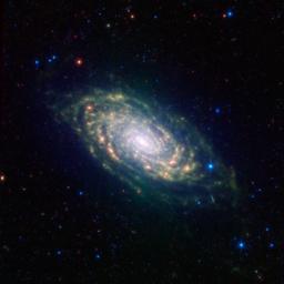 This image from NASA's Spitzer Space Telescope shows infrared light from the Sunflower galaxy, otherwise known as Messier 63. Spitzer's view highlights the galaxy's dusty spiral arms.
