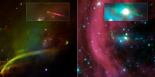 This image layout shows two views of the same baby star from NASA's Spitzer Space Telescope. Spitzer's view shows that this star has a second, identical jet shooting off in the opposite direction of the first.
