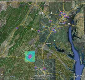 A magnitude 5.8 earthquake in Mineral, Va. was widely felt up and down the East Coast of the United States. This computer model is a QuakeSim model image overlaid on a Google Earth image.