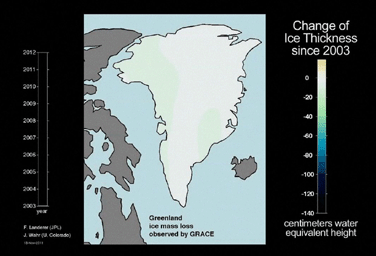 This frame from an animation based on data from NASA's Grace satellite shows dramatic changes in Greenland's ice mass from 2003 through 2011 revealing how much ice has been lost and gained each year.