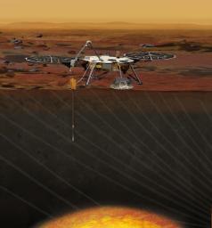 This artist rendition is of the Interior exploration using Seismic Investigations, Geodesy and Heat Transport (InSight) Lander. InSight proposes to place a single geophysical lander on Mars to study its deep interior.