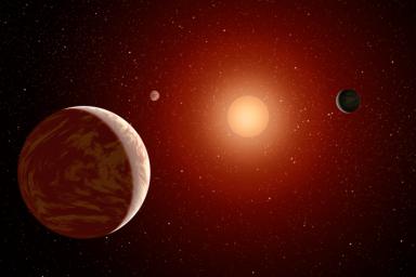 This artist's concept illustrates a young, red dwarf star surrounded by three planets. NASA's Galaxy Evolution Explorer is helping to identify young, red dwarf stars that are close to us by detecting their ultraviolet light.