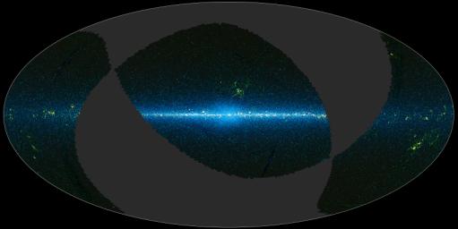 This image is a map of the portion of the sky covered by the preliminary release of WISE data. WISE surveyed the entire sky in four infrared wavelengths in 2010. This map is centered on the Milky Way galaxy.