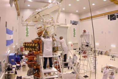 NASA's Aquarius instrument is lifted upright onto the SAC-D service platform at the INVAP high bay facility in Bariloche, Argentina.