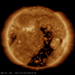 NASA's Solar Dynamics Observatory captured an elongated coronal hole rotated across the face of the sun this past week so that it is now streaming solar wind towards Earth (Jan. 2-5, 2017).