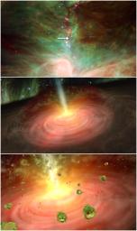 This graphic illustrates a stellar fountain of crystal rain, beginning with a NASA Spitzer picture of the star in question, and ending with an artist's concept of what the crystal 'rain' might look like.