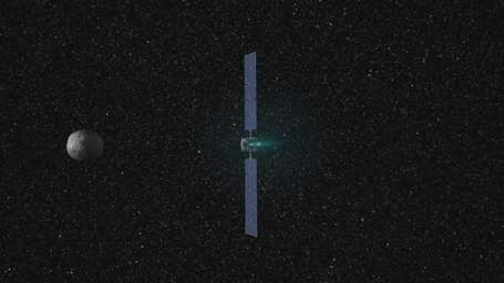 This frame from a movie presents a series of animations showing NASA's Dawn spacecraft traveling to and operating at the giant asteroid Vesta. 