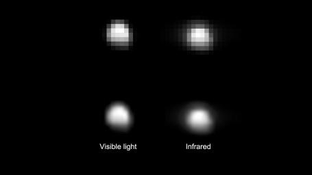 On June 8, 2011, the visible and infrared mapping spectrometer aboard NASA's Dawn spacecraft captured the instrument's first images of Vesta that are larger than a few pixels, from a distance of about 218,000 miles (351,000 kilometers). 