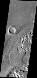 This image captured by NASA's 2001 Mars Odyssey of Elator Vallis shows where a crater has deflected flow and created a streamlined island.