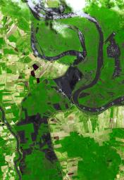 NASA's Terra spacecraft shows the water flow after the U.S. Army Corps of Engineers opened the Morganza Spillway, a flood control structure along the western bank of the Mississippi River in Louisiana, to ease flooding along levee systems on May 14, 2011.