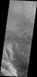 Dunes and the distal end of a landslide deposit are evident in this image from NASA's 2001 Mars Odyssey of eastern Ius Chasma.