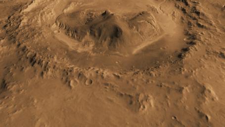This computer-generated view based on multiple orbital observations shows Mars' Gale crater. NASA is considering Gale as a possible landing site for the Mars Science Laboratory mission.