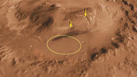 This oblique view of Gale crater shows the landing site and the mound of layered rocks that NASA's Mars Science Laboratory will investigate. The landing site is in the smooth area in front of the mound.