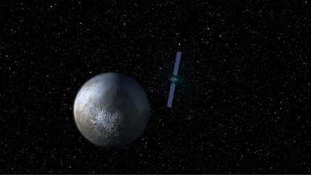 This image shows NASA's Dawn spacecraft leaving the giant asteroid Vesta and arriving at the dwarf planet Ceres.
