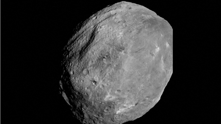 This image is one from a series of images provided by the framing camera on NASA's Dawn spacecraft; the series shows a full rotation of Vesta, which occurs over the course of roughly five hours.