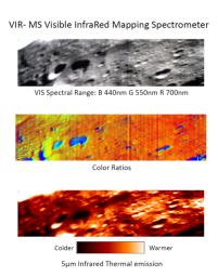 These images were obtained by the Dawn spacecraft on July 23, 2011. The bottom two images are false-color, where different colors represent visible and infrared light wavelengths.