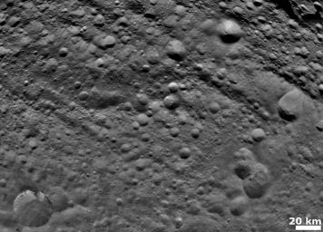 NASA's Dawn spacecraft obtained this image with its framing camera on August 6, 2011. Old and heavily cratered terrain is shown on Vesta. The framing camera has a resolution about 280 yards (260 meters) per pixel.